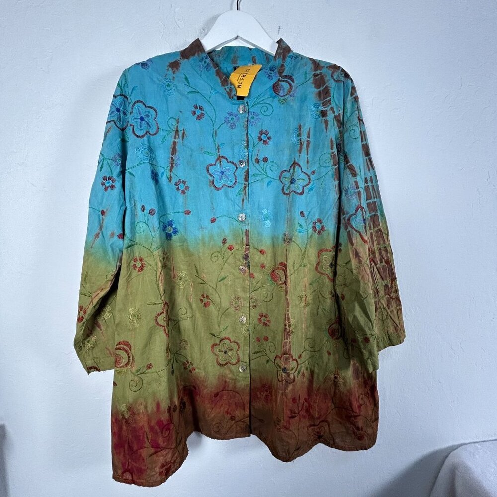 Citron Santa Monica Womens Floral Embroidered Button-Up Tunic Shirt Size 3 New